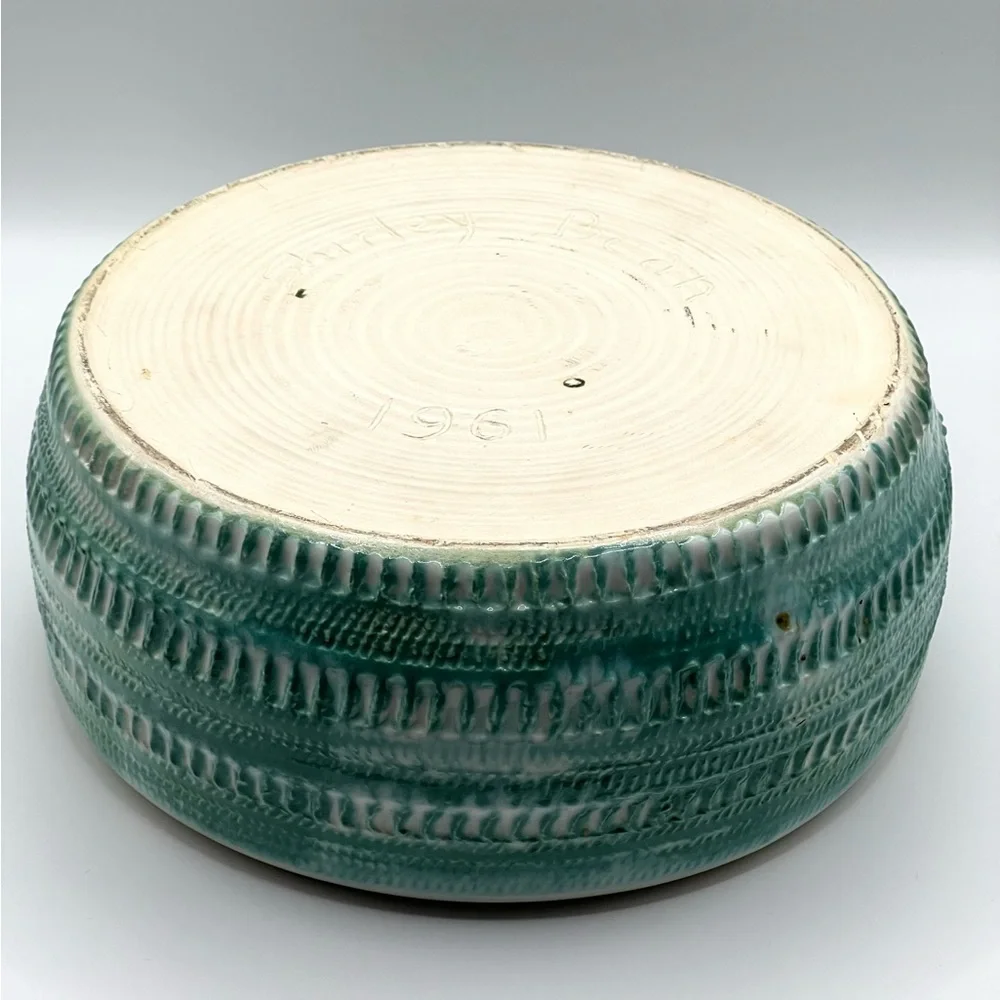 Vintage 1961 Handmade Ceramic Pottery Bowl w/Lid Turquoise/White MCM Signed - Picture 7 of 16